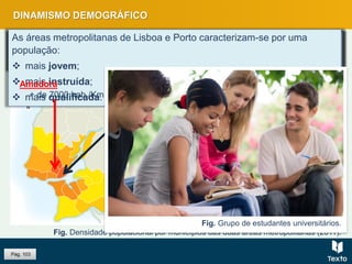A densidade populacional apresenta-se em menor disparidade
interconcelhia na área metropolitana do Porto.
Os dois concelhos mais densamente povoados pertencem à área
metropolitana de Lisboa.
As áreas metropolitanas de Lisboa e Porto caracterizam-se por uma
população:
 mais jovem;
 mais instruída;
 mais qualificada.
Fig. Densidade populacional por municípios das duas áreas metropolitanas (2011).
DINAMISMO DEMOGRÁFICO
Amadora
+ de 7000 hab./Km
2
Lisboa
+ de 6000 hab./Km2
Pág. 103
Fig. Grupo de estudantes universitários.
 