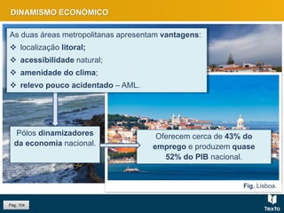 Fig. Vista sobre o rio Douro.
Fig. Sintra.Fig. Lisboa.
DINAMISMO ECONÓMICO
As duas áreas metropolitanas apresentam vantagens:
 localização litoral;
 acessibilidade natural;
 amenidade do clima;
 relevo pouco acidentado – AML.
Pólos dinamizadores
da economia nacional.
Oferecem cerca de 43% do
emprego e produzem quase
52% do PIB nacional.
Pág. 104
 