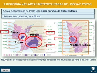 No valor acrescentado bruto evidenciam-se os mesmos municípios nos lugares
cimeiros, aos quais se junta Sintra.
Fig. Volume de negócios dos estabelecimentos industriais nos municípios da AML e da AMP (2011).
No volume de negócios destacam-se:
Palmela
Vila Nova de Gaia
Lisboa
Sintra
A INDÚSTRIA NAS ÁREAS METROPOLITANAS DE LISBOA E PORTO
A área metropolitana do Porto tem maior número de trabalhadores.
Pág. 107
 