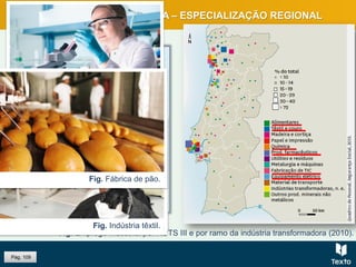 INDÚSTRIA TRANSFORMADORA – ESPECIALIZAÇÃO REGIONAL
Fig. Emprego industrial por NUTS III e por ramo da indústria transformadora (2010).
Na especialização regional
evidencia-se:
 Indústria farmacêutica.
 Têxteis e o couro.
 Indústria química, a do papel
e impressão e a de fabrico de
TIC e a de equipamentos
elétricos.
 Indústria alimentar.
Fig. Farmácia.Fig. Indústria têxtil.
Fig. Cientista a trabalhar em laboratório.
Fig. Fábrica de pão.
Pág. 109
 