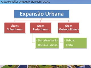 Expansão Urbana
Áreas
Suburbanas
Áreas
Periurbanas
- Desurbanização
- Declínio urbano
Áreas
Metropolitanas
- Lisboa;
- Porto.
 