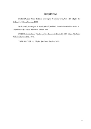 REFERÊNCIAS

        PEREIRA, Caio Mário da Silva. Instituições de Direito Civil, Vol. I 20ª Edição. Rio
de Janeiro: Editora Forense, 2004.

        MONTEIRO, Washington de Barros; FRANÇA PINTO, Ana Cristina Monteiro. Curso de
Direito Civil I 42ª Edição. São Paulo: Saraiva, 2009.

        FÜHRER, Maximilianus Cláudio Américo. Resumo de Direito Civil 39ª Edição. São Paulo:
Malheiros Editores Ltda., 2011.

        VADE MECUM, 11ª Edição. São Paulo: Saraiva, 2011.




                                                                                               6
 