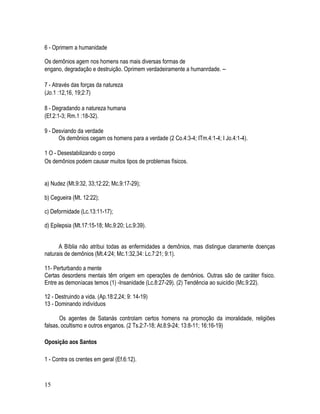 6 - Oprimem a humanidade

Os demônios agem nos homens nas mais diversas formas de
engano, degradação e destruição. Oprimem verdadeiramente a humanrdade. --

7 - Através das forças da natureza
(Jo.1 :12,16, 19;2:7)

8 - Degradando a natureza humana
(Ef.2:1-3; Rm.1 :18-32).

9 - Desviando da verdade
      Os demônios cegam os homens para a verdade (2 Co.4:3-4; ITm.4:1-4; I Jo.4:1-4).

1 O - Desestabilizando o corpo
Os demônios podem causar muitos tipos de problemas físicos.


a) Nudez (Mt.9:32, 33;12:22; Mc.9:17-29);

b) Cegueira (Mt. 12:22);

c) Deformidade (Lc.13:11-17);

d) Epilepsia (Mt.17:15-18; Mc.9:20; Lc.9:39).


      A Bíblia não atribui todas as enfermidades a demônios, mas distingue claramente doenças
naturais de demônios (Mt.4:24; Mc.1:32,34: Lc.7:21; 9:1).

11- Perturbando a mente
Certas desordens mentais têm origem em operações de demônios. Outras são de caráter físico.
Entre as demoníacas temos (1) -Insanidade (Lc.8:27-29). (2) Tendência ao suicídio (Mc.9:22).

12 - Destruindo a vida. (Ap.18:2,24; 9: 14-19)
13 - Dominando indivíduos

       Os agentes de Satanás controlam certos homens na promoção da imoralidade, religiões
falsas, ocultismo e outros enganos. (2 Ts.2:7-18; At.8:9-24; 13:8-11; 16:16-19)

Oposição aos Santos

1 - Contra os crentes em geral (Ef.6:12).



15
 