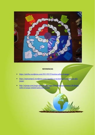 REFERENCIAS
 https://entribu.wordpress.com/2011/02/23/teorias-sobre-el-juego/
 https://maricampo2.wordpress.com/vigotsky-y-su-teoria-constructivista-del-
juego/
 http://rejuega.com/juego-aprendizaje/juego-libre/francesco-tonucci-20-frases-
sobre-el-juego-infantil-para-reflexionar/
 