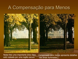 A Compensação para Menos




Nesta foto uma importante área clara   Compensada para menos apresenta detalhes
está rodeada por uma região escura      nas áreas iluminadas.
 