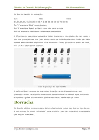 Técnicas de Desenho Artístico a grafite Por Ornam MMaia
www.dessiner.wordpress.com Página 30
Os lápis são divididos em graduações:
dura média macia
8H, 7H, 6H, 5H, 4H, 3H, 2H, H, HB, F, B, 2B, 3B, 4B, 5B, 6B, 7B, 8B, 9B
Por “H” entende-se “Hard” – uma mina dura.
Por “B” entende-se “Brand” ou “Black” – uma mina macia ou preta.
Por “HB” entende-se “Hard/Brand”- uma mina de dureza média
A diferença entre eles está na graduação e rigidez. Analisando os tipos citados, são mais macios e
tem uma graduação mais forte (mais escuro o risco) da esquerda para direita. Então, para cada
sombra, existe um lápis proporcional à sua intensidade. É claro que você não precisa ter todos,
mas uns 4 ou 5 tons seriam essenciais.
Escala de graduação dos lápis Staedtler
A grafite do lápis é composta por uma mistura de carvão e argila. O que determina a sua
graduação e maciez é a proporção dessa mistura. Quanto mais carvão e menos argila, mais macio
e negro fica a grafite, e quanto menos grafite e mais carvão, ela fica mais rija e clara.
Borracha
No desenho artístico, temos uma gama de borrachas bastante variada para diversos tipos de uso.
A mais utilizada é a famosa “limpa-tipos”, borracha que foi criada para limpar erros de datilografia
(em máquina de escrever).
 