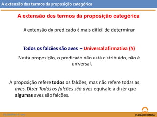 A extensão dos termos da proposição categórica 
A extensão do predicado é mais difícil de determinar 
Todos os falcões são aves ‒ Universal afirmativa (A) 
Nesta proposição, o predicado não está distribuído, não é universal. 
A proposição referetodosos falcões, mas não refere todas as aves.Dizer Todos os falcões são avesequivale a dizer que algumasaves são falcões. 
Aextensãodostermosdaproposiçãocategórica 
FILOSOFIA 11.º ano  