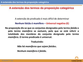 A extensão dos termos da proposição categórica 
A extensão do predicado é mais difícil de determinar 
Nenhum falcão é mamífero ‒ Universal negativa (E) 
Naproposiçãodiz-sequeosconjuntosdesignadospelotermofalcãoepelotermomamíferoseexcluem,peloqueseestáreferiratotalidadedosmembrosdoconjuntodesignadopelotermomamífero.Otermopredicadoéuniversal. 
Traduzindo: 
Nãohámamíferosquesejamfalcões. 
Nenhummamíferoéfalcão. 
Aextensãodostermosdaproposiçãocategórica 
FILOSOFIA 11.º ano  
