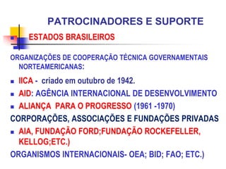 PATROCINADORES E SUPORTE
 ESTADOS BRASILEIROS
ORGANIZAÇÕES DE COOPERAÇÃO TÉCNICA GOVERNAMENTAIS
NORTEAMERICANAS:
 IICA - criado em outubro de 1942.
 AID: AGÊNCIA INTERNACIONAL DE DESENVOLVIMENTO
 ALIANÇA PARA O PROGRESSO (1961 -1970)
CORPORAÇÕES, ASSOCIAÇÕES E FUNDAÇÕES PRIVADAS
 AIA, FUNDAÇÃO FORD;FUNDAÇÃO ROCKEFELLER,
KELLOG;ETC.)
ORGANISMOS INTERNACIONAIS- OEA; BID; FAO; ETC.)
 