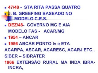  47/48 - STA RITA PASSA QUATRO
 J. B. GREEFING BASEADO NO
MODELO C.E.S.
 DEZ/48- GOVERNO MG E AIA
MODELO FAS - ACAR/MG
 1954 – ANCAR
 1956 ABCAR PONTO Iv e ETA
ACARPA, ASCAR, ACARESC, ACARJ ETC..
SIBER – SIBRATER
1966 EXTENSÃO RURAL MA INDA IBRA-
INCRA,
 