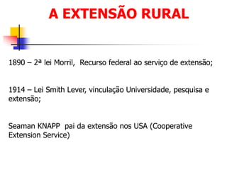A EXTENSÃO RURAL
1890 – 2ª lei Morril, Recurso federal ao serviço de extensão;
1914 – Lei Smith Lever, vinculação Universidade, pesquisa e
extensão;
Seaman KNAPP pai da extensão nos USA (Cooperative
Extension Service)
 