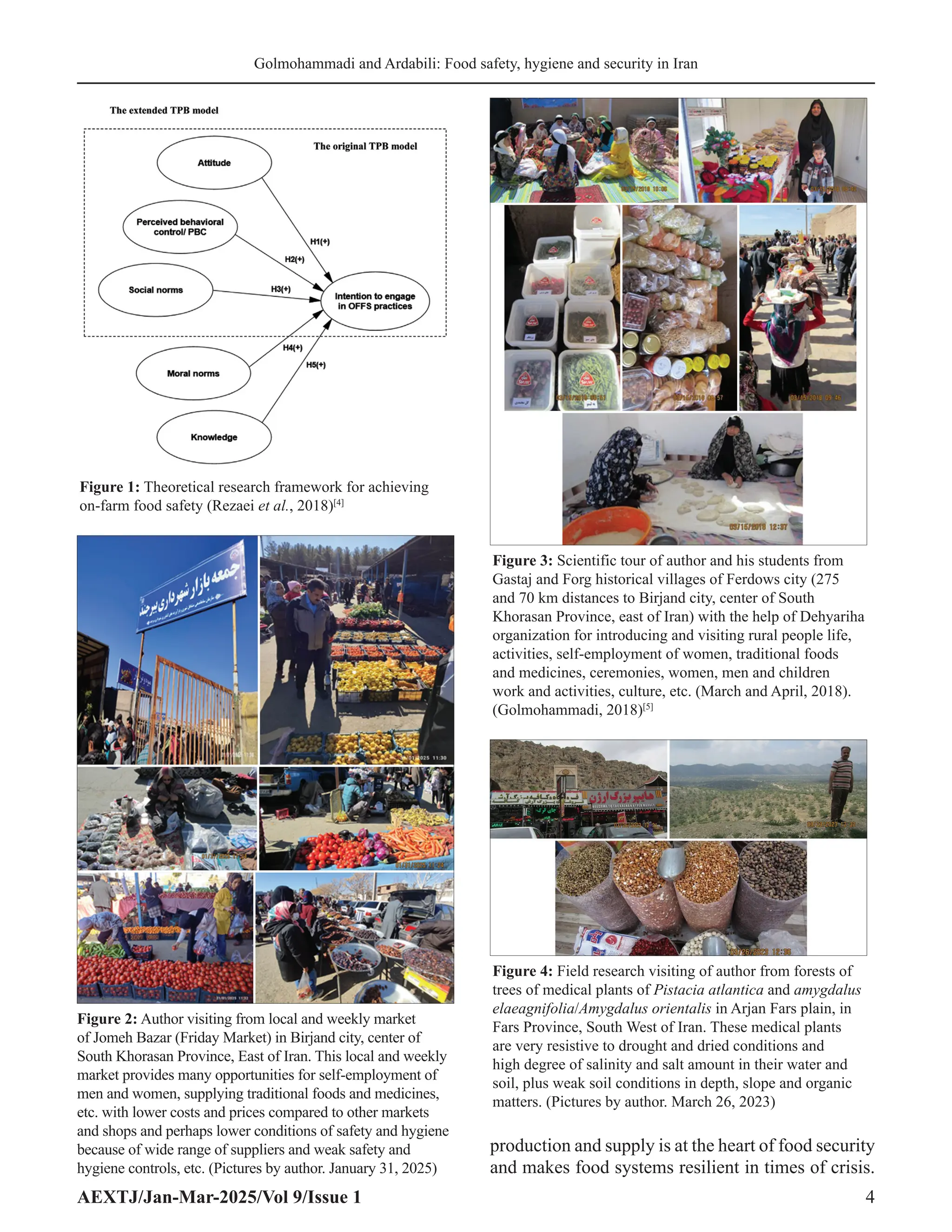 AEXTJ/Jan-Mar-2025/Vol 9/Issue 1 4
Golmohammadi and Ardabili: Food safety, hygiene and security in Iran
production and supply is at the heart of food security
and makes food systems resilient in times of crisis.
Figure 1: Theoretical research framework for achieving
on-farm food safety (Rezaei et al., 2018)[4]
Figure 2: Author visiting from local and weekly market
of Jomeh Bazar (Friday Market) in Birjand city, center of
South Khorasan Province, East of Iran. This local and weekly
market provides many opportunities for self-employment of
men and women, supplying traditional foods and medicines,
etc. with lower costs and prices compared to other markets
and shops and perhaps lower conditions of safety and hygiene
because of wide range of suppliers and weak safety and
hygiene controls, etc. (Pictures by author. January 31, 2025)
Figure 4: Field research visiting of author from forests of
trees of medical plants of Pistacia atlantica and amygdalus
elaeagnifolia/Amygdalus orientalis in Arjan Fars plain, in
Fars Province, South West of Iran. These medical plants
are very resistive to drought and dried conditions and
high degree of salinity and salt amount in their water and
soil, plus weak soil conditions in depth, slope and organic
matters. (Pictures by author. March 26, 2023)
Figure 3: Scientific tour of author and his students from
Gastaj and Forg historical villages of Ferdows city (275
and 70 km distances to Birjand city, center of South
Khorasan Province, east of Iran) with the help of Dehyariha
organization for introducing and visiting rural people life,
activities, self-employment of women, traditional foods
and medicines, ceremonies, women, men and children
work and activities, culture, etc. (March and April, 2018).
(Golmohammadi, 2018)[5]
 