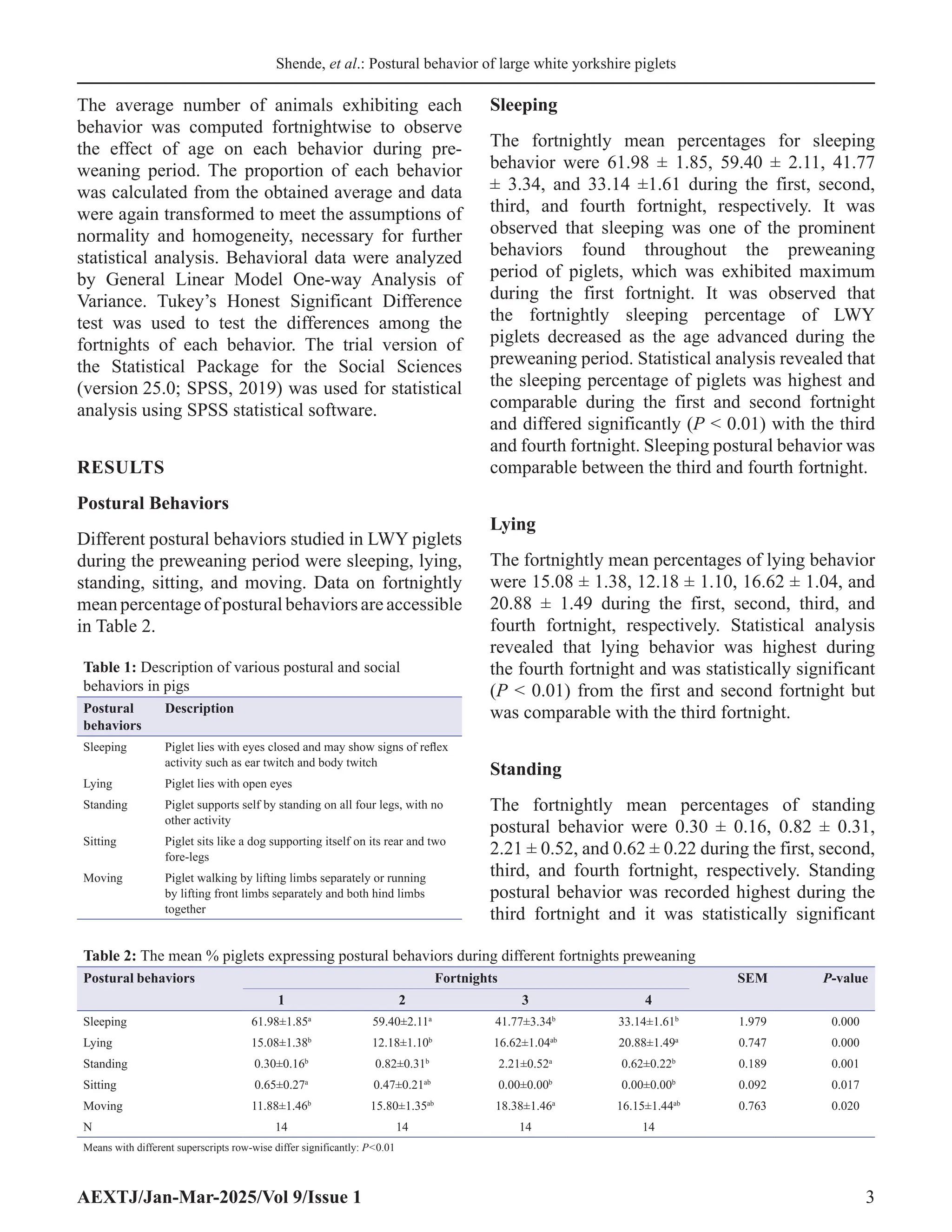 Shende, et al.: Postural behavior of large white yorkshire piglets
AEXTJ/Jan-Mar-2025/Vol 9/Issue 1 3
The average number of animals exhibiting each
behavior was computed fortnightwise to observe
the effect of age on each behavior during pre-
weaning period. The proportion of each behavior
was calculated from the obtained average and data
were again transformed to meet the assumptions of
normality and homogeneity, necessary for further
statistical analysis. Behavioral data were analyzed
by General Linear Model One-way Analysis of
Variance. Tukey’s Honest Significant Difference
test was used to test the differences among the
fortnights of each behavior. The trial version of
the Statistical Package for the Social Sciences
(version 25.0; SPSS, 2019) was used for statistical
analysis using SPSS statistical software.
RESULTS
Postural Behaviors
Different postural behaviors studied in LWY piglets
during the preweaning period were sleeping, lying,
standing, sitting, and moving. Data on fortnightly
mean percentage of postural behaviors are accessible
in Table 2.
Sleeping
The fortnightly mean percentages for sleeping
behavior were 61.98 ± 1.85, 59.40 ± 2.11, 41.77
± 3.34, and 33.14 ±1.61 during the first, second,
third, and fourth fortnight, respectively. It was
observed that sleeping was one of the prominent
behaviors found throughout the preweaning
period of piglets, which was exhibited maximum
during the first fortnight. It was observed that
the fortnightly sleeping percentage of LWY
piglets decreased as the age advanced during the
preweaning period. Statistical analysis revealed that
the sleeping percentage of piglets was highest and
comparable during the first and second fortnight
and differed significantly (P  0.01) with the third
and fourth fortnight. Sleeping postural behavior was
comparable between the third and fourth fortnight.
Lying
The fortnightly mean percentages of lying behavior
were 15.08 ± 1.38, 12.18 ± 1.10, 16.62 ± 1.04, and
20.88 ± 1.49 during the first, second, third, and
fourth fortnight, respectively. Statistical analysis
revealed that lying behavior was highest during
the fourth fortnight and was statistically significant
(P  0.01) from the first and second fortnight but
was comparable with the third fortnight.
Standing
The fortnightly mean percentages of standing
postural behavior were 0.30 ± 0.16, 0.82 ± 0.31,
2.21 ± 0.52, and 0.62 ± 0.22 during the first, second,
third, and fourth fortnight, respectively. Standing
postural behavior was recorded highest during the
third fortnight and it was statistically significant
Table 2: The mean % piglets expressing postural behaviors during different fortnights preweaning
Postural behaviors Fortnights SEM P‑value
1 2 3 4
Sleeping 61.98±1.85a
59.40±2.11a
41.77±3.34b
33.14±1.61b
1.979 0.000
Lying 15.08±1.38b
12.18±1.10b
16.62±1.04ab
20.88±1.49a
0.747 0.000
Standing 0.30±0.16b
0.82±0.31b
2.21±0.52a
0.62±0.22b
0.189 0.001
Sitting 0.65±0.27a
0.47±0.21ab
0.00±0.00b
0.00±0.00b
0.092 0.017
Moving 11.88±1.46b
15.80±1.35ab
18.38±1.46a
16.15±1.44ab
0.763 0.020
N 14 14 14 14
Means with different superscripts row‑wise differ significantly: P0.01
Table 1: Description of various postural and social
behaviors in pigs
Postural
behaviors
Description
Sleeping Piglet lies with eyes closed and may show signs of reflex
activity such as ear twitch and body twitch
Lying Piglet lies with open eyes
Standing Piglet supports self by standing on all four legs, with no
other activity
Sitting Piglet sits like a dog supporting itself on its rear and two
fore‑legs
Moving Piglet walking by lifting limbs separately or running
by lifting front limbs separately and both hind limbs
together
 