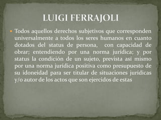 Todos aquellos derechos subjetivos que corresponden
universalmente a todos los seres humanos en cuanto
dotados del status de persona, con capacidad de
obrar; entendiendo por una norma jurídica; y por
status la condición de un sujeto, prevista así mismo
por una norma jurídica positiva como presupuesto de
su idoneidad para ser titular de situaciones jurídicas
y/o autor de los actos que son ejercidos de estas
 
