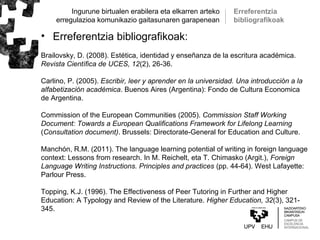 Ingurune birtualen erabilera eta elkarren arteko
erregulazioa komunikazio gaitasunaren garapenean
Erreferentzia
bibliografikoak
• Erreferentzia bibliografikoak:
Brailovsky, D. (2008). Estética, identidad y enseñanza de la escritura académica.
Revista Científica de UCES, 12(2), 26-36.
Carlino, P. (2005). Escribir, leer y aprender en la universidad. Una introducción a la
alfabetización académica. Buenos Aires (Argentina): Fondo de Cultura Economica
de Argentina.
Commission of the European Communities (2005). Commission Staff Working
Document: Towards a European Qualifications Framework for Lifelong Learning
(Consultation document). Brussels: Directorate-General for Education and Culture.
Manchón, R.M. (2011). The language learning potential of writing in foreign language
context: Lessons from research. In M. Reichelt, eta T. Chimasko (Argit.), Foreign
Language Writing Instructions. Principles and practices (pp. 44-64). West Lafayette:
Parlour Press.
Topping, K.J. (1996). The Effectiveness of Peer Tutoring in Further and Higher
Education: A Typology and Review of the Literature. Higher Education, 32(3), 321-
345.
 