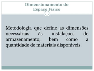 Dimensionamento do 
Espaço Físico 
Metodologia que define as dimensões 
necessárias às instalações de 
armazenamento, bem como a 
quantidade de materiais disponíveis. 
 