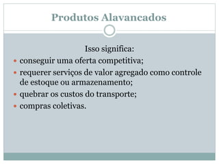Produtos Alavancados 
Isso significa: 
 conseguir uma oferta competitiva; 
 requerer serviços de valor agregado como controle 
de estoque ou armazenamento; 
 quebrar os custos do transporte; 
 compras coletivas. 
 