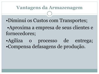 Vantagens da Armazenagem 
•Diminui os Custos com Transportes; 
•Aproxima a empresa de seus clientes e 
fornecedores; 
•Agiliza o processo de entrega; 
•Compensa defasagens de produção. 
 