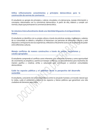 13
Utiliza reflexivamente conocimientos y principios democráticos para la
construcción de normas de convivencia
El estudiante se apropia de principios y valores vinculados a la democracia, maneja información y
conceptos relacionados con la convivencia democrática. A partir de ello, elabora y cumple con
normas y leyes que promueven la convivencia democrática.
Se relaciona interculturalmente desde una identidad dispuesta al enriquecimiento
mutuo
El estudiante se identifica con su propia cultura a través de prácticas sociales, tradiciones y saberes
de su comunidad; es abierto y empático al interactuar con personas de diferentes culturas y está
dispuesto a enriquecerse de esa experiencia; reflexiona críticamente acerca de la asimetría de poder
entre diferentes culturas.
Maneja conflictos de manera constructiva a través de pautas, mecanismos y
canales apropiados
El estudiante comprende el conflicto como inherente a las relaciones humanas y como oportunidad
de crecimiento; es empático y asertivo al manejar conflictos; usa procedimientos para resolverlos de
manera pacífica y creativa; arriba a soluciones que contribuyan a construir comunidades
democráticas.
Cuida los espacios públicos y el ambiente desde la perspectiva del desarrollo
sostenible
El estudiante, consciente de la interdependencia entre la actuación humana y el mundo natural que
lo rodea, cuida el ambiente, y preserva los espacios y bienes públicos que garantizan una vida
ciudadana de bienestar para todos.
 