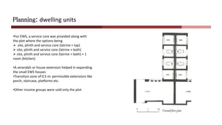 Planning: dwelling units
•For EWS, a service core was provided along with
the plot where the options being
 site, plinth and service core (latrine + tap)
 site, plinth and service core (latrine + bath)
 site, plinth and service core (latrine + bath) + 1
room (kitchen)
•A verandah or house extension helped in expanding
the small EWS houses
•Transition zone of 0.5 m: permissible extensions like
porch, staircase, platforms etc.
•Other income groups were sold only the plot
 