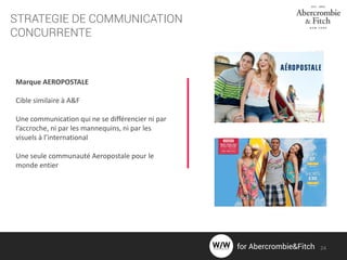 STRATEGIE DE COMMUNICATION
CONCURRENTE
Marque AEROPOSTALE
Cible similaire à A&F
Une communication qui ne se différencier ni par
l’accroche, ni par les mannequins, ni par les
visuels à l’international
Une seule communauté Aeropostale pour le
monde entier
24for Abercrombie&Fitch
 