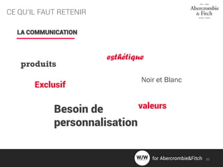CE QU’IL FAUT RETENIR
LA COMMUNICATION
produits
Noir et Blanc
Exclusif
Besoin de
personnalisation
esthétique
valeurs
30for Abercrombie&Fitch
 