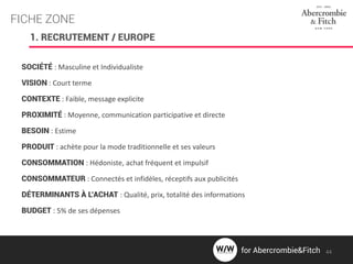 FICHE ZONE
1. RECRUTEMENT / EUROPE
SOCIÉTÉ : Masculine et Individualiste
VISION : Court terme
CONTEXTE : Faible, message explicite
PROXIMITÉ : Moyenne, communication participative et directe
BESOIN : Estime
PRODUIT : achète pour la mode traditionnelle et ses valeurs
CONSOMMATION : Hédoniste, achat fréquent et impulsif
CONSOMMATEUR : Connectés et infidèles, réceptifs aux publicités
DÉTERMINANTS À L’ACHAT : Qualité, prix, totalité des informations
BUDGET : 5% de ses dépenses
44for Abercrombie&Fitch
 