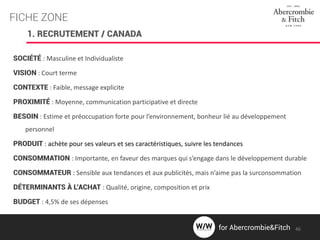 FICHE ZONE
1. RECRUTEMENT / CANADA
SOCIÉTÉ : Masculine et Individualiste
VISION : Court terme
CONTEXTE : Faible, message explicite
PROXIMITÉ : Moyenne, communication participative et directe
BESOIN : Estime et préoccupation forte pour l’environnement, bonheur lié au développement
personnel
PRODUIT : achète pour ses valeurs et ses caractéristiques, suivre les tendances
CONSOMMATION : Importante, en faveur des marques qui s’engage dans le développement durable
CONSOMMATEUR : Sensible aux tendances et aux publicités, mais n’aime pas la surconsommation
DÉTERMINANTS À L’ACHAT : Qualité, origine, composition et prix
BUDGET : 4,5% de ses dépenses
46for Abercrombie&Fitch
 