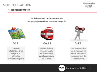 MOYENS D’ACTION
1. RECRUTEMENT
Un évènement de lancement de
campagne/ouverture nouveau magasin
Où ? Quoi ? Qui ?
Zone de
chalandise d’un
magasin ou
périmètre
nouveau magasin
Un bus à deux
niveaux, habillé
en adéquation
avec la campagne
de la zone
Les mannequins
de la marque, en
tenue de football
américains et de
cheerleaders.
48for Abercrombie&Fitch
 