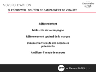 MOYENS D’ACTION
3. FOCUS WEB : SOUTIEN DE CAMPAGNE ET DE VIRALITE
Référencement
Mots-clés de la campagne
Référencement optimal de la marque
Diminuer la visibilité des scandales
précédents
Améliorer l’image de marque
54for Abercrombie&Fitch
 