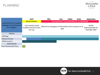 PLANNING
Lancement de la nouvelle
campagne et/ou Ouverture
d'un magasin
Avril Mai Juin Juillet Août Septembre
RECRUTEMENT FIDELISATION ET SOUTIEN WEB DE LA CAMPAGNE
Une semaine avant:
Football américain dans
les rues
Relai de la campagne et informations de la marque sur le
web
Soirée
évènementielle du
Club A&F 1892
MEDIAS
- Affichage
- Réseaux Sociaux
- Référencement
HORS MEDIAS
Street Marketing & Flyers z
55for Abercrombie&Fitch
 