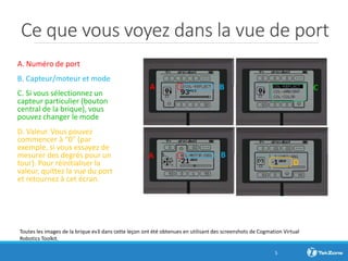 Ce que vous voyez dans la vue de port
A. Numéro de port
B. Capteur/moteur et mode
C. Si vous sélectionnez un
capteur particulier (bouton
central de la brique), vous
pouvez changer le mode
D. Valeur. Vous pouvez
commencer à "0" (par
exemple, si vous essayez de
mesurer des degrés pour un
tour). Pour réinitialiser la
valeur, quittez la vue du port
et retournez à cet écran.
5
Toutes les images de la brique ev3 dans cette leçon ont été obtenues en utilisant des screenshots de Cogmation Virtual
Robotics Toolkit.
A B
A B
D
C
 