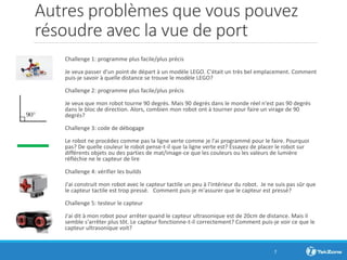Autres problèmes que vous pouvez
résoudre avec la vue de port
Challenge 1: programme plus facile/plus précis
Je veux passer d'un point de départ à un modèle LEGO. C'était un très bel emplacement. Comment
puis-je savoir à quelle distance se trouve le modèle LEGO?
Challenge 2: programme plus facile/plus précis
Je veux que mon robot tourne 90 degrés. Mais 90 degrés dans le monde réel n'est pas 90 degrés
dans le bloc de direction. Alors, combien mon robot ont à tourner pour faire un virage de 90
degrés?
Challenge 3: code de débogage
Le robot ne procédez comme pas la ligne verte comme je l'ai programmé pour le faire. Pourquoi
pas? De quelle couleur le robot pense-t-il que la ligne verte est? Essayez de placer le robot sur
différents objets ou des parties de mat/image-ce que les couleurs ou les valeurs de lumière
réfléchie ne le capteur de lire
Challenge 4: vérifier les builds
J'ai construit mon robot avec le capteur tactile un peu à l'intérieur du robot. Je ne suis pas sûr que
le capteur tactile est trop pressé. Comment puis-je m'assurer que le capteur est pressé?
Challenge 5: testeur le capteur
J'ai dit à mon robot pour arrêter quand le capteur ultrasonique est de 20cm de distance. Mais il
semble s'arrêter plus tôt. Le capteur fonctionne-t-il correctement? Comment puis-je voir ce que le
capteur ultrasonique voit?
7
 