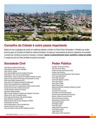 11PRESTANDO CONTAS | Secretaria de Comunicação Social
Sociedade Civil
Airton Bressan, presidente da OAB Jundiaí
Antônio Mendes Pereira, médico cardiologista
Araken Martinho, arquiteto
Carlos Alexandre Miglinski, reitor da Faculdade Anhanguera
Célio Eduardo N. Vieira, reitor da Faculdade Pitágoras
Daniela Batistoni, médica e professora da Faculdade de Medicina de Jundiaí
Edegar de Assis, presidente da Associação dos Aposentados de Jundiaí
Edilson Severo Maltoni, presidente da CDL
Eliseu Silva Costa, Presidente do Sindicato dos Metalúrgicos
Guilhermo Bloj, superintendente do JundiaíShopping
Henrique Carlos Parra Parra, superintendente da Caixa Econômica Federal
Henrique Parra Parra Filho, da ONG Voto Consciente
José Vitor Machado, diretor da CUT Estadual
Lígia Basile, delegada da Mulher
Milton de Araújo, presidente do Sindicato dos Empregados do Comércio
Norberto Fornari, reitor da Faculdade Anchieta
Pedro Ângelo Favaretto Pessini, diretor do Maxi Shopping
Reges Donatti Filho, presidente da ACE
Reverendo Maurício Silva de Araújo, presidente do CONPAS
Ricardo Benassi, da Proempi
Silvio de Oliveira Murdoco, reitor da Faculdade Unip
Vandermir Francesconi Júnior, do Ciesp
Viviane Rezi Dobarro, diretora da FATEC Deputado Ary Fossen
Poder Público
Aguinaldo Leite (Serviços Públicos)
Alan Carlos Piccolo (Obras)
Cristiano Guimarães (Comunicação Social)
Cristiano Lopes (Esportes)
Daniela da Camara Sutti (Planejamento e Meio Ambiente)
Denis Crupe (Administração)
Durval Orlato (Educação)
Edson Rocha (Negócios Jurídicos)
Eudis Urbano (Iprejun)
Gerson Vilhena (Saúde)
Gilberto Novaes (Cijun)
Itibagi Rocha Machado (Faculdade de Medicina de Jundiaí)
Jamil Yatim (DAE)
José Carlos Pires (Casa Civil)
José Roberto Ferraz (Guarda Municipal)
Marcelo Cereser (Desenvolvimento Econômico)
Marcelo Lo Mônaco (Escola de Governo)
Mari Fornari (Recursos Humanos)
Marilena Negro (Assistência Social)
Paulo Galvão (Finanças)
Pedro Bigardi, prefeito
Pedro Rocha (Esef)
Rodrigo Mendes Pereira (Fumas)
Tércio Marinho (Cultura)
Thiago Godinho (TVE)
Wilson Folgozi de Brito (Transportes)
Conselho da Cidade é outro passo importante
Depois de ouvir a população de Jundiaí em audiências públicas e também no Plano Diretor Participativo, a Prefeitura de Jundiaí
dá início agora ao Conselho da Cidade de Jundiaí (Concidade). Formada por representantes de diversos segmentos da sociedade
e também por membros do governo municipal, a iniciativa é pensar no desenvolvimento social, econômico e urbano de Jundiaí.
A criação faz parte do Plano de Metas do governo municipal.
 