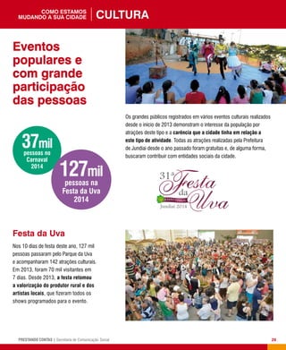 29PRESTANDO CONTAS | Secretaria de Comunicação Social
Os grandes públicos registrados em vários eventos culturais realizados
desde o início de 2013 demonstram o interesse da população por
atrações deste tipo e a carência que a cidade tinha em relação a
este tipo de atividade. Todas as atrações realizadas pela Prefeitura
de Jundiaí desde o ano passado foram gratuitas e, de alguma forma,
buscaram contribuir com entidades sociais da cidade.
Festa da Uva
Nos 10 dias de festa deste ano, 127 mil
pessoas passaram pelo Parque da Uva
e acompanharam 142 atrações culturais.
Em 2013, foram 70 mil visitantes em
7 dias. Desde 2013, a festa retomou
a valorização do produtor rural e dos
artistas locais, que fizeram todos os
shows programados para o evento.
37mil
pessoas no
Carnaval
2014
127mil
pessoas na
Festa da Uva
2014
Eventos
populares e
com grande
participação
das pessoas
Culturacomo estamos
mudando a sua cidade
 