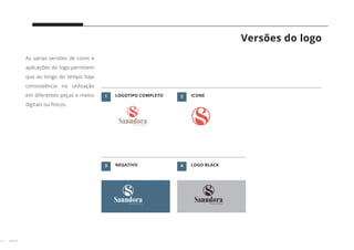 23 // 38
3 4
Versões do logo
As várias versões de cores e
aplicações do logo permitem
que ao longo do tempo haja
consisteência na utilização
em diferentes peças e meios
digitais ou físicos.
LOGOTIPO COMPLETO ICONE
1 2
NEGATIVO LOGO BLACK
 