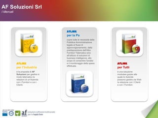 AF Soluzioni Srl
I Mercati




                                       AFLINK
                                       per la Pa
                                       copre tutte le necessità della
                                       Pubblica Amministrazione
                                       legate ai flussi di
                                       approvvigionamento, dalla
                                       predisposizione dell'Albo
                                       Fornitori Telematico sino
                                       all'utilizzo di soluzioni di
                                       business intelligence, allo
                                       scopo di consentire l'analisi
            AFLINK                     e il monitoraggio della spesa    AFLINK
                                       effettuata.
            per l’Industria                                             per Tutti
            è la proposta di AF                                         è una soluzione
            Soluzioni per gestire in                                    modulare grazie alla
            modo telematico le                                          quale le Aziende
            relazioni di un‘Azienda                                     possono gestire via Web
            con i Fornitori e con i                                     la relazione con i Clienti
            Clienti.                                                    e con i Fornitori.
 