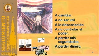 Miedo A cambiar. A no ser útil. A lo desconocido. A no controlar el poder. A perder mis seguridades. A perder dinero. 