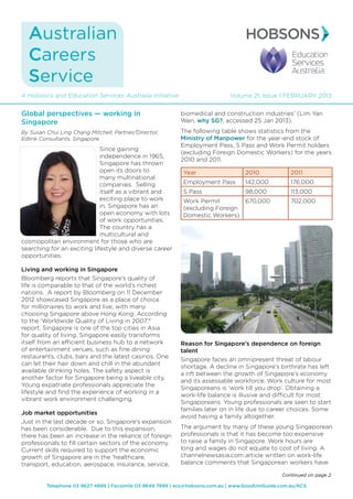 Telephone 03 9627 4899 | Facsimile 03 9649 7899 | acs@hobsons.com.au | www.GoodUniGuide.com.au/ACS
Volume 21, Issue 1 FEBRUARY 2013A Hobsons and Education Services Australia initiative
Australian
Careers
Service
Global perspectives — working in
Singapore
By Susan Chui Ling Chang Mitchell, Partner/Director,
Edlink Consultants, Singapore
Since gaining
independence in 1965,
Singapore has thrown
open its doors to
many multinational
companies. Selling
itself as a vibrant and
exciting place to work
in, Singapore has an
open economy with lots
of work opportunities.
The country has a
multicultural and
cosmopolitan environment for those who are
searching for an exciting lifestyle and diverse career
opportunities.
Living and working in Singapore
Bloomberg reports that Singapore’s quality of
life is comparable to that of the world’s richest
nations. A report by Bloomberg on 11 December
2012 showcased Singapore as a place of choice
for millionaires to work and live, with many
choosing Singapore above Hong Kong. According
to the ‘Worldwide Quality of Living in 2007’*
report, Singapore is one of the top cities in Asia
for quality of living. Singapore easily transforms
itself from an efficient business hub to a network
of entertainment venues, such as fine dining
restaurants, clubs, bars and the latest casinos. One
can let their hair down and chill in the abundant
available drinking holes. The safety aspect is
another factor for Singapore being a liveable city.
Young expatriate professionals appreciate the
lifestyle and find the experience of working in a
vibrant work environment challenging.
Job market opportunities
Just in the last decade or so, Singapore’s expansion
has been considerable. Due to this expansion,
there has been an increase in the reliance of foreign
professionals to fill certain sectors of the economy.
Current skills required to support the economic
growth of Singapore are in the ‘healthcare,
transport, education, aerospace, insurance, service,
biomedical and construction industries’ (Lim Yan
Wen, why SG?, accessed 25 Jan 2013).
The following table shows statistics from the
Ministry of Manpower for the year-end stock of
Employment Pass, S Pass and Work Permit holders
(excluding Foreign Domestic Workers) for the years
2010 and 2011.
Year 2010 2011
Employment Pass 142,000 176,000
S Pass 98,000 113,000
Work Permit
(excluding Foreign
Domestic Workers)
670,000 702,000
Reason for Singapore’s dependence on foreign
talent
Singapore faces an omnipresent threat of labour
shortage. A decline in Singapore’s birthrate has left
a rift between the growth of Singapore’s economy
and its assessable workforce. Work culture for most
Singaporeans is ‘work till you drop’. Obtaining a
work-life balance is illusive and difficult for most
Singaporeans. Young professionals are seen to start
families later on in life due to career choices. Some
avoid having a family altogether.
The argument by many of these young Singaporean
professionals is that it has become too expensive
to raise a family in Singapore. Work hours are
long and wages do not equate to cost of living. A
channelnewsasia.com article written on work-life
balance comments that Singaporean workers have
Continued on page 2
 