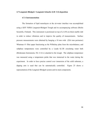 4.7 Langmuir-Blodgett / Langmuir-Schaefer (LB / LS) deposition
4.7.1 Instrumentation
The formation of lipid monolayers at the air-water interface was accomplished
using a KSV NIMA Langmuir-Blodgett Trough and its accompanying software (Biolin
Scientific, Finland). This instrument is positioned on top of a 6.50 cm thick marble slab
in order to reduce vibrations and to improve the quality of measurements. Surface
pressure measurements were obtained by hanging a 10 mm wide (20.6 mm perimeter)
Whatman #1 filter paper functioning as the Wilhelmy plate from the microbalance, and
subphase temperatures were controlled by a Lauda K-2/R circulating water bath
(Brinkmann Instruments, NJ, U.S.A.) attached to the trough. The subphase temperature
was measured using a temperature probe that was immersed in the water during the
experiment. In order to have precise control over immersion of the solid substrate, a
dipping arm is used that can be automatically controlled. Figure 25 shows a
representation of the Langmuir Blodgett system and its main components.
86
 