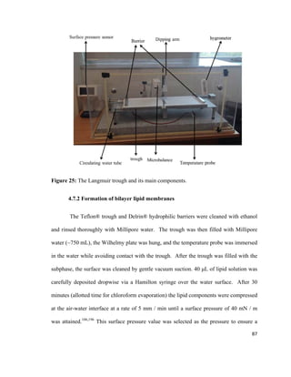 Figure 25: The Langmuir trough and its main components.
4.7.2 Formation of bilayer lipid membranes
The Teflon® trough and Delrin® hydrophilic barriers were cleaned with ethanol
and rinsed thoroughly with Millipore water. The trough was then filled with Millipore
water (~750 mL), the Wilhelmy plate was hung, and the temperature probe was immersed
in the water while avoiding contact with the trough. After the trough was filled with the
subphase, the surface was cleaned by gentle vacuum suction. 40 μL of lipid solution was
carefully deposited dropwise via a Hamilton syringe over the water surface. After 30
minutes (allotted time for chloroform evaporation) the lipid components were compressed
at the air-water interface at a rate of 5 mm / min until a surface pressure of 40 mN / m
was attained.106,196
This surface pressure value was selected as the pressure to ensure a
87
 