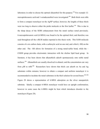 laboratory in order to choose the optimal alkanethiol for this purpose.196
For example 12-
mercaptohexanoic acid and 1-octadecanethiol were investigated.196
Both thiols were able
to form a compact monolayer on the AgNP surface; however, the lengths of these thiols
were too long to observe either the probe molecule or the first leaflet.196
This is due to
the sharp decay of the SERS enhancement from the metal surface noted previously.
6-mercaptohexanoic acid (6-MHA) was found to be the optimal thiol, and therefore was
used throughout all the s-BLM studies reported in this thesis work. This SAM molecule
consists of a six carbon chain, with a carboxylic acid on one end, and a thiol (–SH) on the
other end. The –SH allows for formation of a strong metal-sulfur bond, while the –
COOH group provides electrostatic interaction with the choline lipid head group. In
literature, it has been shown that alkanethiols adsorb spontaneously onto noble metal
surfaces.196
Alkanethiols are usually dissolved in ethanol, and the concentration can vary
from μM to mM.206
Researchers have shown that thiols can adsorb on Au and Ag
substrates within minutes; however to obtain a compact and uniform monolayer it is
recommended to incubate the metal substrates in the thiol solution for several hours.202-206
Figure 28 shows a representation of 6-MHA adsorption on the silver nanoparticle
substrate. Ideally a compact 6-MHA monolayer would have an upright conformation;
however in some cases the 6-MHA might be bent which introduces disorder to the
monolayer (Figure 28).
98
 