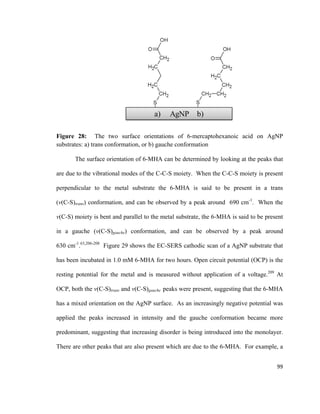 Figure 28: The two surface orientations of 6-mercaptohexanoic acid on AgNP
substrates: a) trans conformation, or b) gauche conformation
The surface orientation of 6-MHA can be determined by looking at the peaks that
are due to the vibrational modes of the C-C-S moiety. When the C-C-S moiety is present
perpendicular to the metal substrate the 6-MHA is said to be present in a trans
(v(C-S)trans) conformation, and can be observed by a peak around 690 cm-1
. When the
v(C-S) moiety is bent and parallel to the metal substrate, the 6-MHA is said to be present
in a gauche (v(C-S)gauche) conformation, and can be observed by a peak around
630 cm-1
.63,206-208
Figure 29 shows the EC-SERS cathodic scan of a AgNP substrate that
has been incubated in 1.0 mM 6-MHA for two hours. Open circuit potential (OCP) is the
resting potential for the metal and is measured without application of a voltage.209
At
OCP, both the v(C-S)trans and v(C-S)gauche peaks were present, suggesting that the 6-MHA
has a mixed orientation on the AgNP surface. As an increasingly negative potential was
applied the peaks increased in intensity and the gauche conformation became more
predominant, suggesting that increasing disorder is being introduced into the monolayer.
There are other peaks that are also present which are due to the 6-MHA. For example, a
99
 