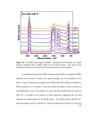 Figure 35: EC-SERS anodic signal of DMPC / cholesterol (70:30) bilayer on a AgNP
electrode modified with a 6-MHA SAM in 0.1 M NaF solution. The spectra were
measured at 4 mW for a time interval of 30 seconds using 532 nm excitation.
A comparison between the 6-MHA monolayer and s-BLM on a modified 6-MHA
electrode was necessary to observe any spectral changes due to the presence of the
bilayer. Figure 36 represents a comparison of 6-MHA SAM and s-BLM on a modified 6-
MHA electrode at -1.0 V cathodic. It can be seen that the signal is similar, yet there are
some differences to note. For example, it is very clear that the alkyl chain CH2 region at
2920 cm-1
is stronger in the presence of lipid molecules, suggesting that the lipid
molecules are indeed present on the AgNP surface. The region between 400-500 cm-1
shows two peaks at 415 cm-1
and 495 m-1
which are characteristic of the ν(C-C) stretch in
110
 