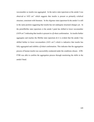 wavenumber as insulin was aggregated. In the native state (spectrum a) the amide I was
observed at 1652 cm-1
which suggests that insulin is present as primarily α-helical
structure, consistent with literature. In the oligomer state (spectrum b) the amide I is still
in the same position suggesting that insulin has not undergone structural changes yet. In
the protofibrillar state (spectrum c) the amide I peak has shifted to lower wavenumber
(1639 cm-1
) indicating that insulin is present in a β-sheet conformation. As insulin further
aggregates and reaches the fibrillar state (spectrum d) it is evident that the amide I has
shifted further to lower wavenumbers (1631 cm-1
) which is indicative that insulin has
fully aggregated and exhibits a β-sheet conformation. This indicates that the aggregation
process of human insulin was successfully conducted under the conditions chosen. ATR-
FTIR was able to confirm the aggregation process through monitoring the shifts in the
amide I band.
129
 