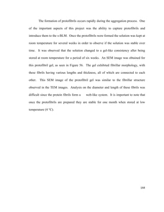 The formation of protofibrils occurs rapidly during the aggregation process. One
of the important aspects of this project was the ability to capture protofibrils and
introduce them to the s-BLM. Once the protofibrils were formed the solution was kept at
room temperature for several weeks in order to observe if the solution was stable over
time. It was observed that the solution changed to a gel-like consistency after being
stored at room temperature for a period of six weeks. An SEM image was obtained for
this protofibril gel, as seen in Figure 56. The gel exhibited fibrillar morphology, with
these fibrils having various lengths and thickness, all of which are connected to each
other. This SEM image of the protofibril gel was similar to the fibrillar structure
observed in the TEM images. Analysis on the diameter and length of these fibrils was
difficult since the protein fibrils form a web-like system. It is important to note that
once the protofibrils are prepared they are stable for one month when stored at low
temperature (4 °C).
144
 
