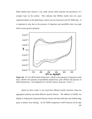 fibrils (dotted line) showed a very small current which indicates the persistence of a
compact layer on the surface. This indicates that fibrillar insulin does not cause
significant defects in the lipid bilayer, which was also observed in the EC-SERS data. It
is important to note that in the presence of oligomers and protofibrils there was peak
shifts to more positive potential.
Figure 66: CV of s-BLM (short dotted line), s-BLM in the presence of oligomers (solid
line), s-BLM in the presence of protofibrils (dashed line), and s-BLM in the presence of
fibrils (dotted line). All completed in 0.1 M NaF solution. Scan rate: 50 mV / s.
Based on these results it was noted that different insulin structures along the
aggregation pathway provided different spectral features. The addition of dAMP was
helpful in studying the interaction between insulin and lipid molecules and whether large
pores or defects were forming. An EC-SERS comparison at OCP between all the data
162
 