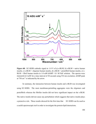 Figure 68: EC-SERS cathodic signal at -1.0 V of a) s-BLM, b) s-BLM + native human
insulin, c) s-BLM + oligomer human insulin, d) s-BLM + protofibril human insulin, e) s-
BLM + fibril human insulin in 1.0 mM dAMP / 0.1 M NaF solution. The spectra were
measured at 4 mW for a time interval of 30 seconds using 532 nm excitation. dAMP peak
at 730 cm-1
is indicated by the arrow.
In summary, the interaction between human insulin and s-BLM was investigated
using EC-SERS. The most membrane-perturbing aggregates were the oligomers and
protofibrils whereas the fibrillar insulin did not have significant impact on the s-BLM.
The native insulin did not cause any perturbation which suggests that native insulin plays
a protective role. These results showed for the first time that EC-SERS can be used as
a useful spectroscopic tool in order to investigate the protein-lipid interactions.
166
 