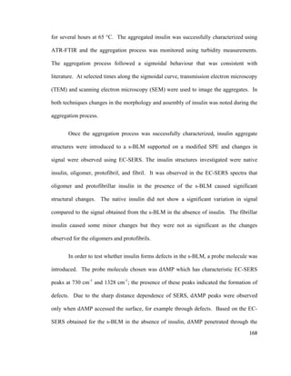 for several hours at 65 °C. The aggregated insulin was successfully characterized using
ATR-FTIR and the aggregation process was monitored using turbidity measurements.
The aggregation process followed a sigmoidal behaviour that was consistent with
literature. At selected times along the sigmoidal curve, transmission electron microscopy
(TEM) and scanning electron microscopy (SEM) were used to image the aggregates. In
both techniques changes in the morphology and assembly of insulin was noted during the
aggregation process.
Once the aggregation process was successfully characterized, insulin aggregate
structures were introduced to a s-BLM supported on a modified SPE and changes in
signal were observed using EC-SERS. The insulin structures investigated were native
insulin, oligomer, protofibril, and fibril. It was observed in the EC-SERS spectra that
oligomer and protofibrillar insulin in the presence of the s-BLM caused significant
structural changes. The native insulin did not show a significant variation in signal
compared to the signal obtained from the s-BLM in the absence of insulin. The fibrillar
insulin caused some minor changes but they were not as significant as the changes
observed for the oligomers and protofibrils.
In order to test whether insulin forms defects in the s-BLM, a probe molecule was
introduced. The probe molecule chosen was dAMP which has characteristic EC-SERS
peaks at 730 cm-1
and 1328 cm-1
; the presence of these peaks indicated the formation of
defects. Due to the sharp distance dependence of SERS, dAMP peaks were observed
only when dAMP accessed the surface, for example through defects. Based on the EC-
SERS obtained for the s-BLM in the absence of insulin, dAMP penetrated through the
168
 