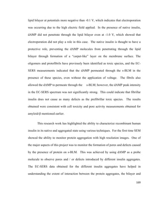 lipid bilayer at potentials more negative than -0.1 V, which indicates that electroporation
was occurring due to the high electric field applied. In the presence of native insulin,
dAMP did not penetrate through the lipid bilayer even at -1.0 V, which showed that
electroporation did not play a role in this case. The native insulin is thought to have a
protective role, preventing the dAMP molecules from penetrating through the lipid
bilayer through formation of a “carpet-like” layer on the membrane surface. The
oligomers and protofibrils have previously been identified as toxic species, and the EC-
SERS measurements indicated that the dAMP permeated through the s-BLM in the
presence of these species, even without the application of voltage. The fibrils also
allowed the dAMP to permeate through the s-BLM; however, the dAMP peak intensity
in the EC-SERS spectrum was not significantly strong. This could indicate that fibrillar
insulin does not cause as many defects as the prefibrillar toxic species. The results
obtained were consistent with cell toxicity and pore activity measurements obtained for
amyloid-β mentioned earlier.
This research work has highlighted the ability to characterize recombinant human
insulin in its native and aggregated state using various techniques. For the first time SEM
showed the ability to monitor protein aggregation with high resolution images. One of
the major aspects of this project was to monitor the formation of pores and defects caused
by the presence of protein on s-BLM. This was achieved by using dAMP as a probe
molecule to observe pores and / or defects introduced by different insulin aggregates.
The EC-SERS data obtained for the different insulin aggregates have helped in
understanding the extent of interaction between the protein aggregates, the bilayer and
169
 